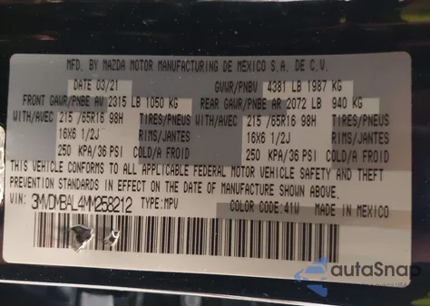 2021 Mazda Cx-30 2.5 S z USA, uszkodzony, nr VIN 3MVDMBAL4MM258212